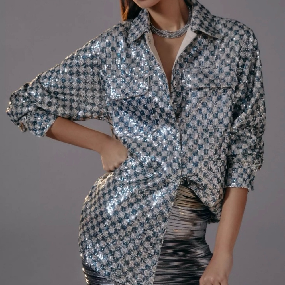 NWT Steve Madden Andee Sequin Checkered Collared Shacket Top Oversized Grunge XS